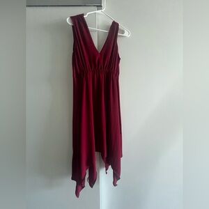 Sweet Storm Sleeveless V-Neck Handkerchief Hem Dress in Wine